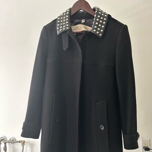 Burberry Wool/Cashmere Black Trench Coat with Studded Leather Collar